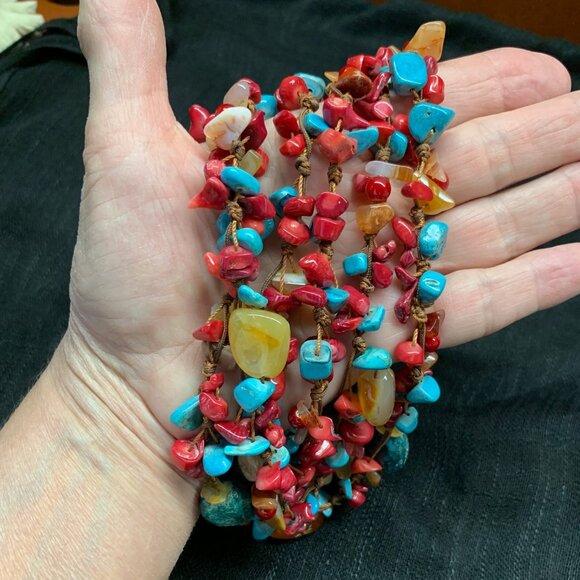 Handmade Southwestern Style Beaded 3 Strand Necklace Turquoise Coral Agate J839 - Picture 6 of 7